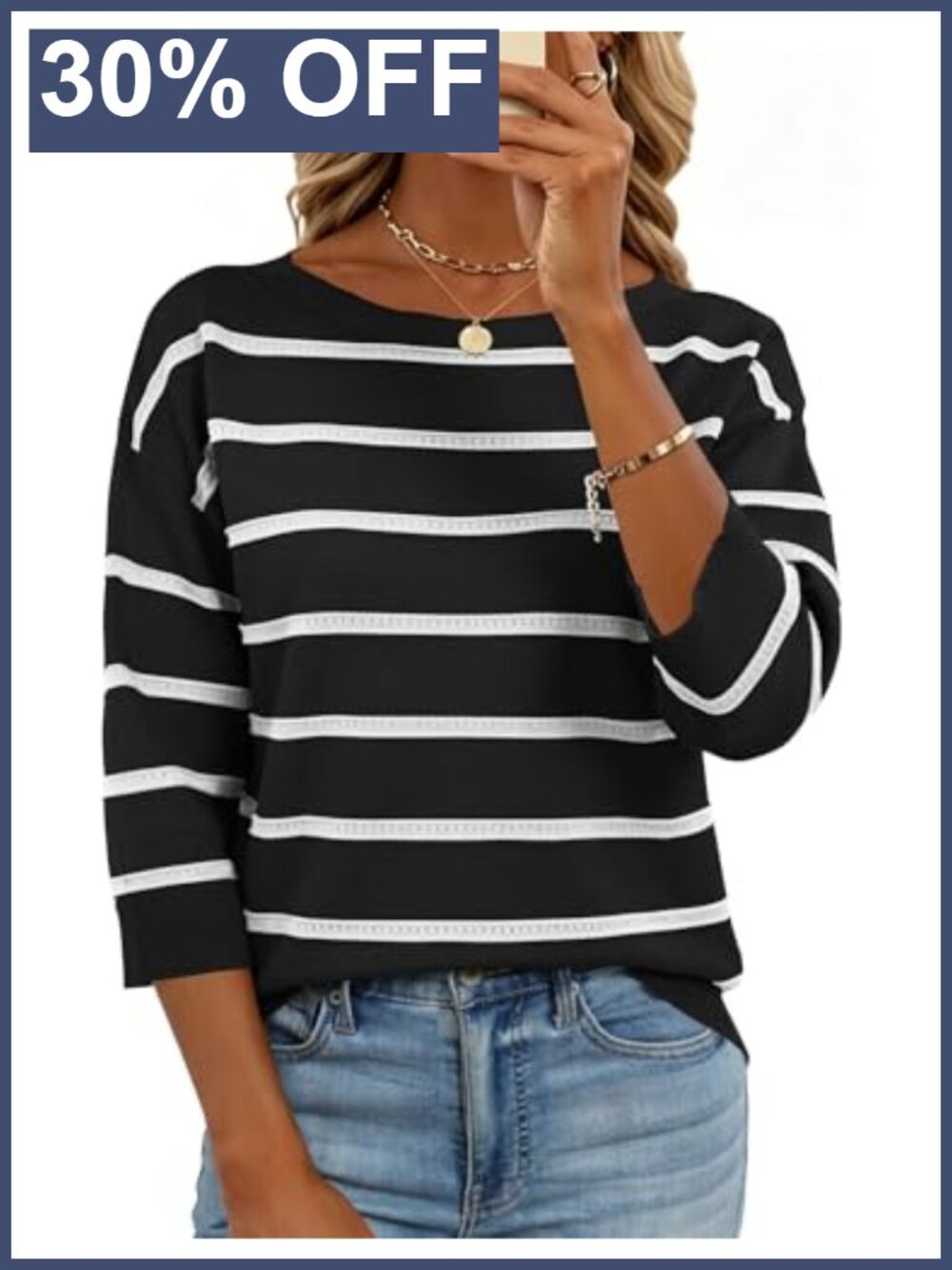 Womens Lightweight Knit Boat Neck 3/4 Sleeve Pullover Sweater
